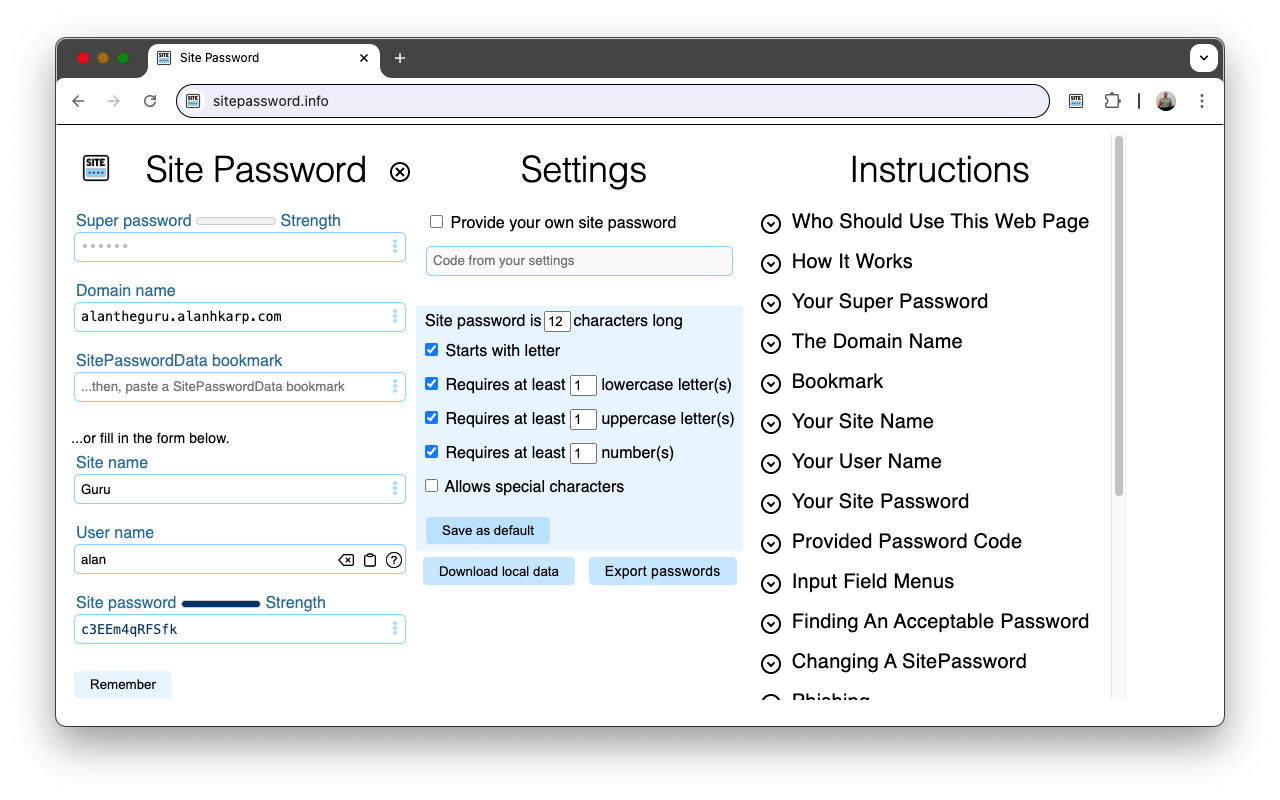 Figure 2: SitePassword User Interface